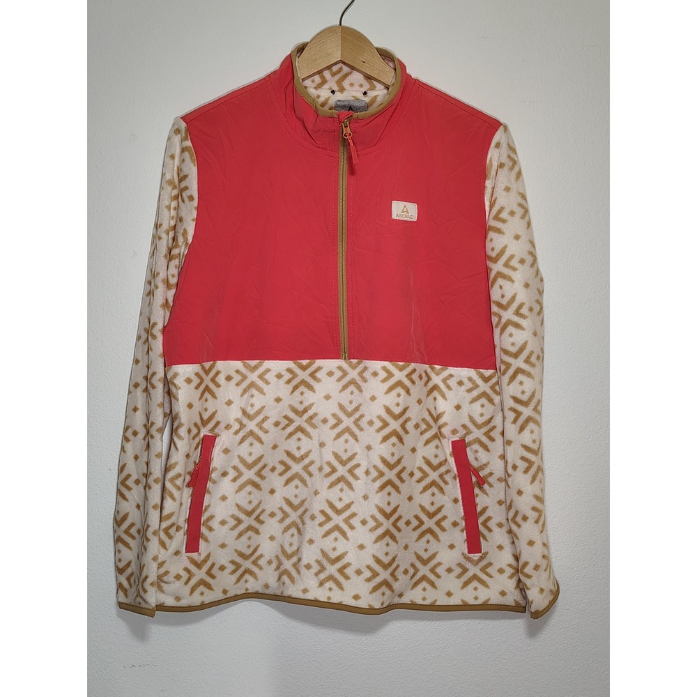 Ascend Womens Quarter Zip Fleece Pullover Coral Pink Geometric Pattern Large